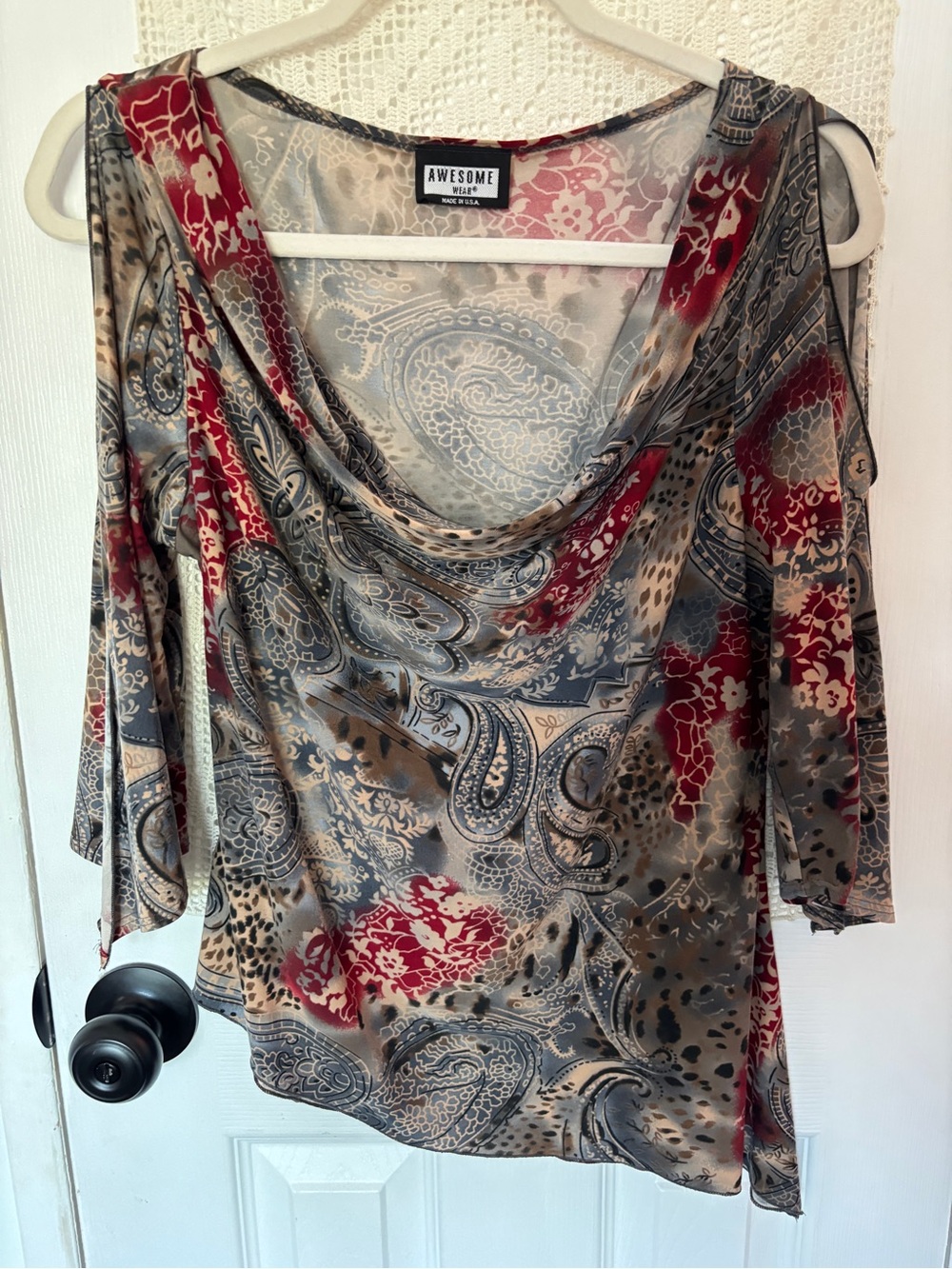 Awesome Paisley Cowl-Neck Cold-Shoulder Blouse in Red and Gray